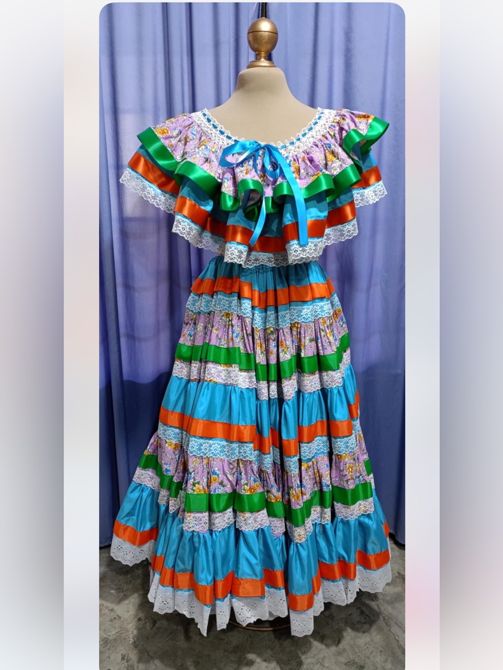 Colorful folklorico Cotton dress and Skirt with Floral Panels - Blue & Green